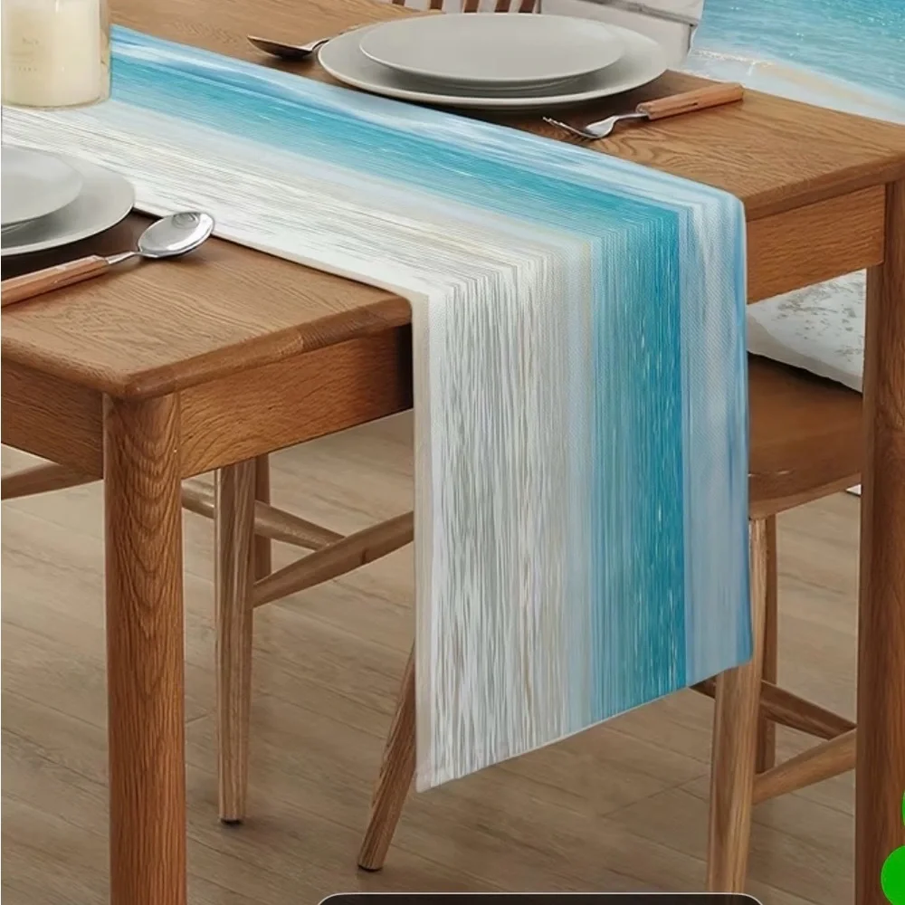 Set of 3 Linen like Coastal Blue Table Runner - Beach Wave Design